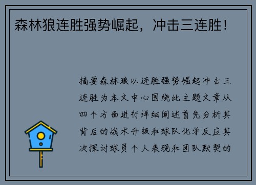 森林狼连胜强势崛起，冲击三连胜！